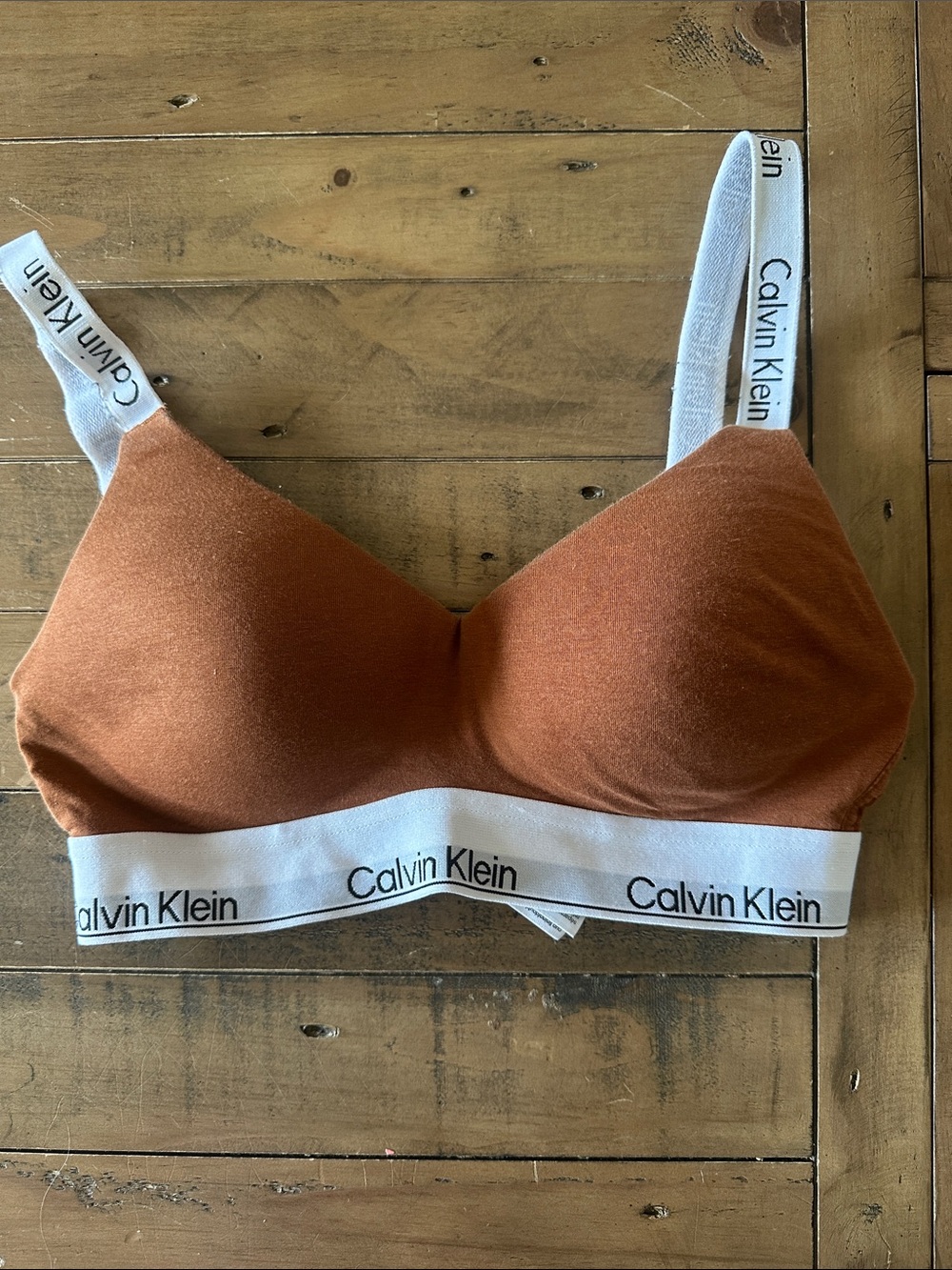 Calvin Klein Seamless Wireless Bra in Rust with White Logo Band Medium M